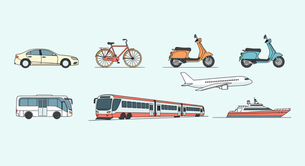 Naklejka premium A collection of various modes of transportation including car, bicycle, scooters, bus, train, airplane, and ship on a light blue background.