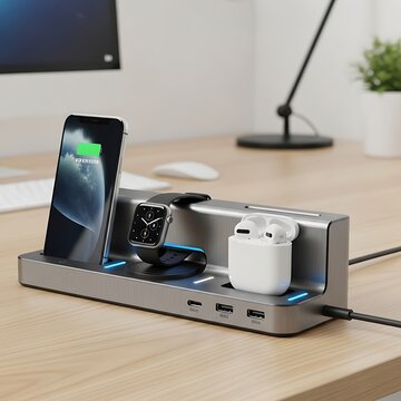 Wireless charging station with phone watch earbuds.