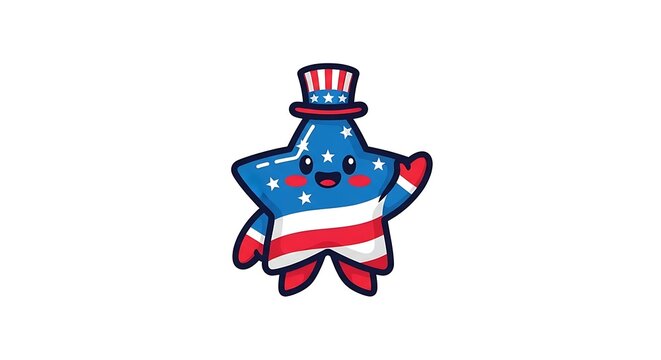 Star character personified with patriotic patterns waves a hand while wearing a traditional stovepipe hat.