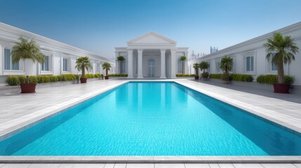 Fototapeta premium Serene Luxury Poolside View with Modern Architecture Surrounded by Lush Greenery Under Clear Blue Sky in Daylight