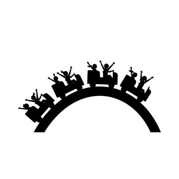 Roller coaster silhouette with happy people riding, amusement park fun