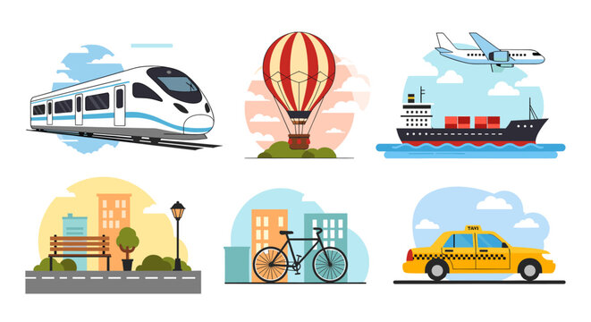 Illustrative collection of various transportation methods including train, hot air balloon, cargo ship, airplane, bicycle, and taxi, set against diverse backdrops.