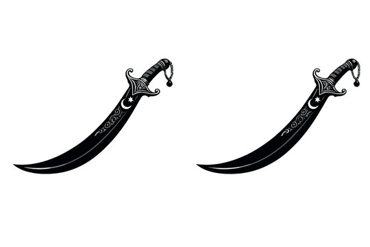 Black curved scimitar swords with ornate hilts and intricate blade details featuring crescent moon and star symbols, isolated on white background, vector illustration for Middle Eastern art