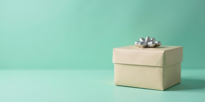 A single, elegantly wrapped gift box with a silver bow sits on a pastel background, ready for a special occasion.