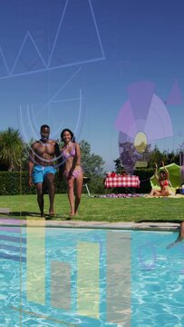 Vertical video: Pair running from lawn, jumping into pool, splashing water, cooling off, promo
