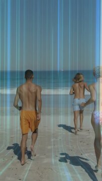 Vertical video: Group spotting surf, running toward ocean as blue streaks overlay frames for travel
