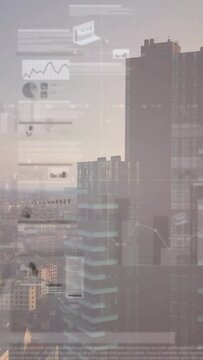 Vertical video: Camera panning right, tower entering, HUD panels shifting, revealing skyline data