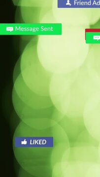 Vertical video: Cursor clicking SUBSCRIBE badges sliding and fading showing action over green bokeh