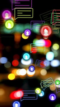 Vertical video: New messages arriving, chat icons drifting and clustering, showing live chat flow