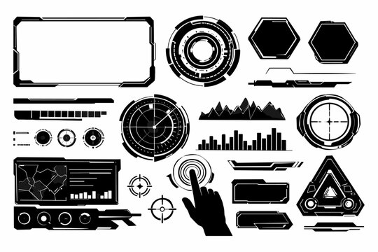 Futuristic Black HUD UI Elements Set for User Interface Design, Modern Technology Control Panel Screen, Digital Data Visualization, Sci-Fi Cyberpunk Dashboard, Vector Infographic Components.