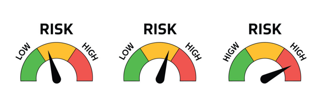 Risk meter icon set scale low medium high risk speedometer gauge concept, minimum to maximum indicator dashboard style vector illustration.
