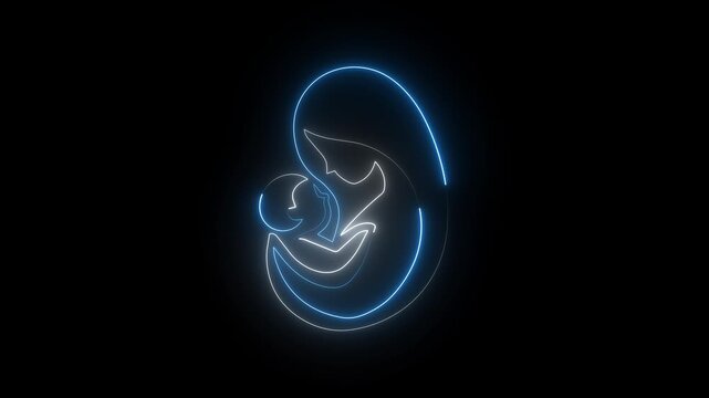 Neon mother and baby icon with white and blue glow, maternity care symbol.