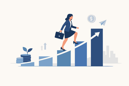 Businesswoman in a suit with a briefcase climbing an upward-trending bar chart with a growth arrow, representing career success, financial investment, wealth building, and professional progress.