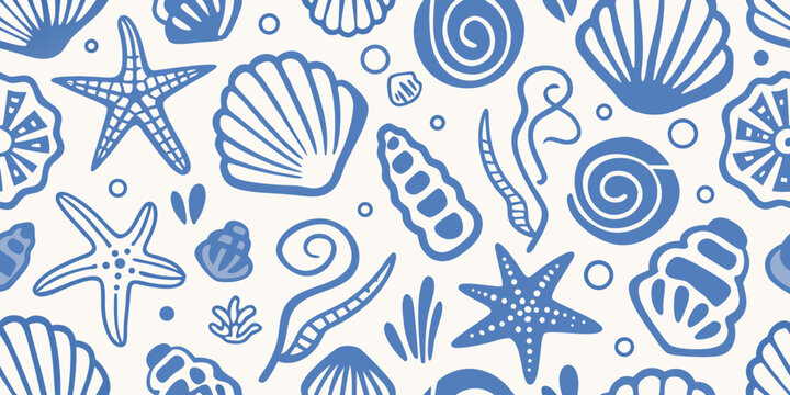 blue seashell and starfish pattern seamless nautical background