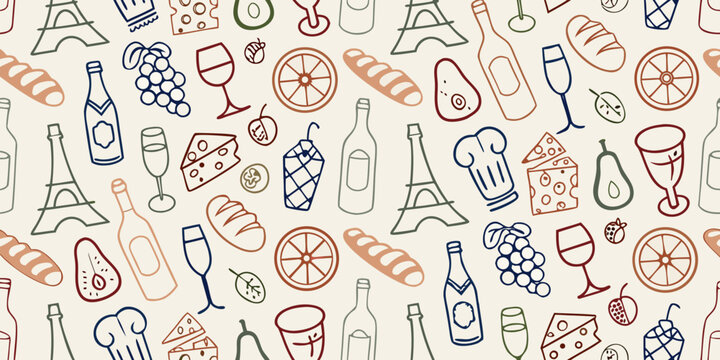 french bistro pattern with wine cheese and eiffel tower