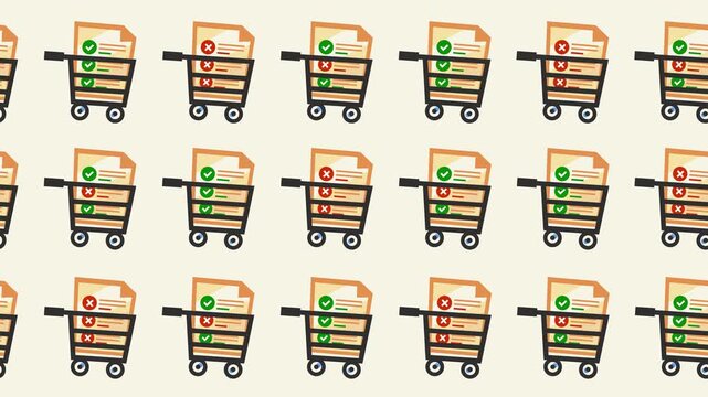 Seamless pattern of shopping carts with approved and rejected checklist wallpaper. E-commerce quality control and product inspection concept background animation.