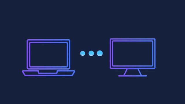 Animated motion graphics of a laptop icon connecting to a computer monitor with pulsing dots. Conceptualizing remote work, screen sharing, and data synchronization on a dark background.