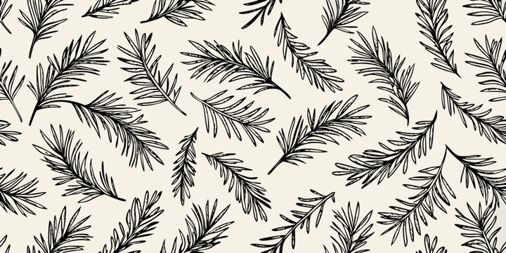 Seamless floral pattern with hand drawn fern leaves on a beige background