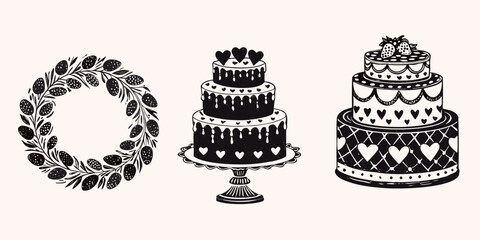 Black and white illustrations of a wreath tiered cake and strawberry cake © Suvro