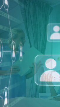 Vertical video: Nurse reading chart beside patient bed, avatar nodes appearing and linking care