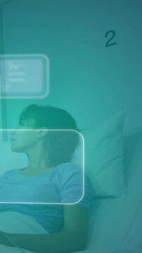 Vertical video: Patient turning head left in bed 2 reviewing health data while UI sliding over face