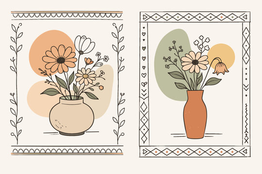 Set of Two Abstract Floral Posters with Hand Drawn Flowers in Vases, Minimalist Sketch Style with Decorative Borders and Organic Shapes in Earthy Tones, Modern Boho Wall Art Vector Illustration