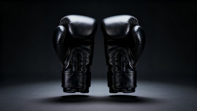 Black Boxing Gloves Floating on Dark Background Powerful Sports Concept