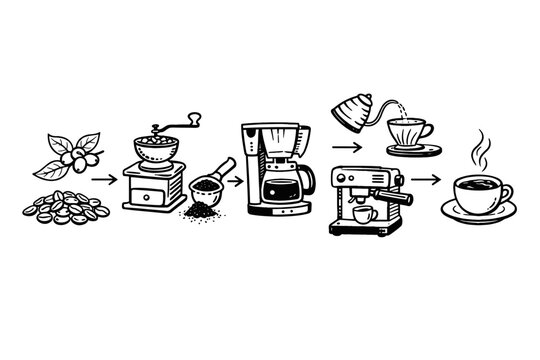 Artisanal Sketch Mapping the Journey of Caffeine from Harvested Seeds to a Hot Mug. Infographic of Traditional Grinding, Brewing Techniques, and Barista Equipment for Coffeehouse Aesthetics.