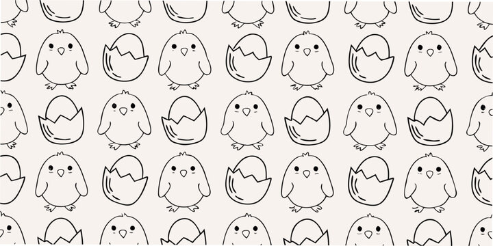 seamless pattern with cute baby chicks and cracked eggs