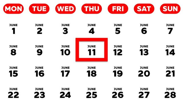 The date June 11th marked with a red cursor on the wall calendar 2026