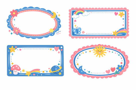 Set of Cute Decorative Frames and Borders for Invitations. Oval and Rectangular Blue and Pink Dividers with Funky Ornaments like Stars, Rainbows, Hearts, Sun, and Moon for Scrapbooking and Design.