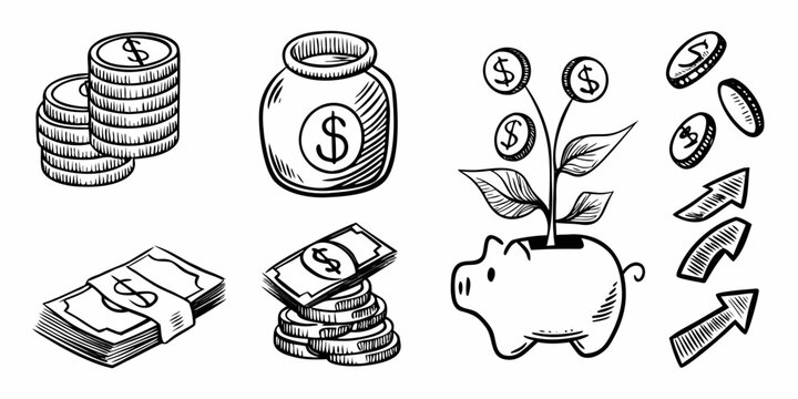 hand drawn finance icons set with coins money and piggy bank