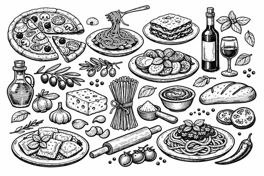 Hand drawn Italian food set with pizza, spaghetti, lasagna, ravioli, wine, olive oil, cheese, and ingredients. Vintage woodcut style doodle vector illustration for restaurant menu and kitchen.