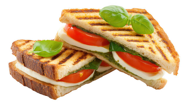 Grilled mozzarella, tomato, and basil sandwich, created AI, PNG