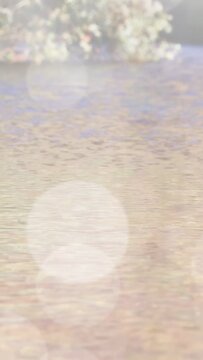 Vertical video: Camera tilting down, lens flare drifting, water filling view, showing calm ripples