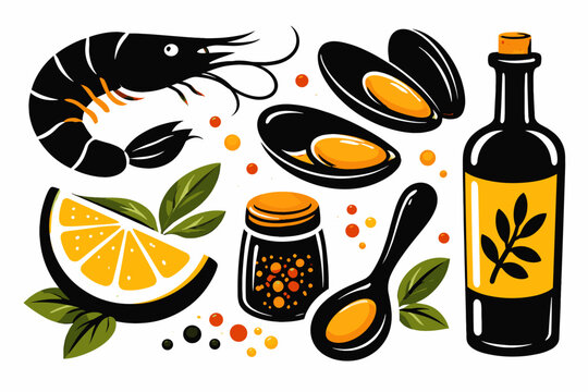 Vector Illustration of Seafood and Kitchen Icons Featuring a Bold Black Shrimp, Mussels, Lemon Slice, Spice Jar, Spoon, and Olive Oil Bottle in a Simple Flat Silhouette Style on White Background