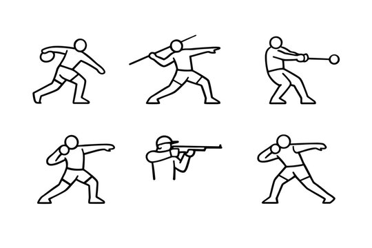Minimalist Black Line Art Sport Icons Set Featuring Athletes in Various Throwing and Shooting Disciplines Including Discus, Javelin, Hammer Throw, Shot Put, and Rifle Shooting for Competition.