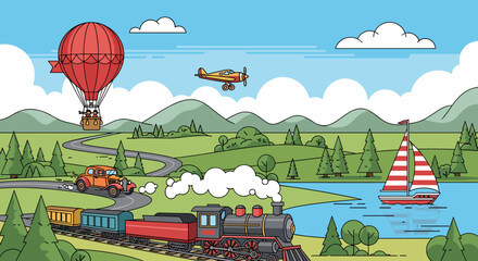 A vibrant cartoon illustration showcasing various modes of transport including a hot air balloon, biplane, vintage car, steam train, and sailboat in a scenic landscape. © Tukujajan