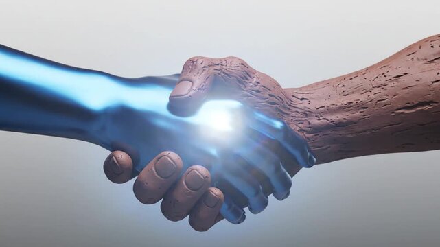 Abstract blue and earthy figures shake hands