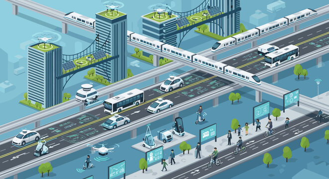 Isometric illustration of a futuristic smart city with integrated multi-modal transportation systems, autonomous vehicles, high-speed trains, and pedestrian zones.