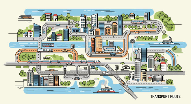 Detailed isometric illustration of a modern city with complex interconnected transport routes for cars, trains, and boats.