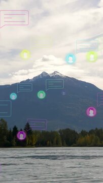 Vertical video: Edges sending avatar icons, bubbles drifting and fading over peak showing chat