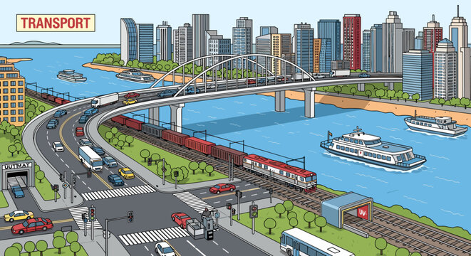 Detailed illustration of a modern city's transportation network with roads, bridges, trains, and boats.