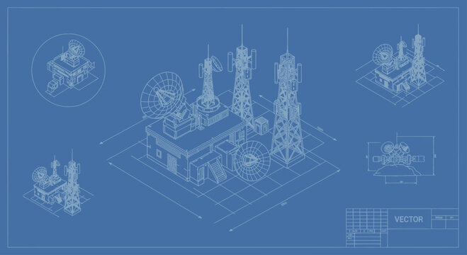 Blueprint of a complex industrial facility with multiple towers and structures.