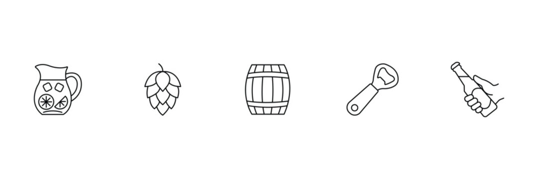 Drink icon set featuring lemonade pitcher with ice fruit slices hop flower wooden beer barrel bottle opener and hand holding bottle.