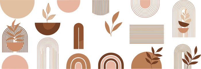 Abstract boho geometric shapes vector set featuring arches, line patterns and botanical elements in earthy minimalist style © mdanichur