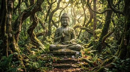 Obraz premium Ancient buddha statue in lush jungle a serene spiritual scene