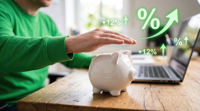Financial growth and security a man protecting a piggy bank with digital charts