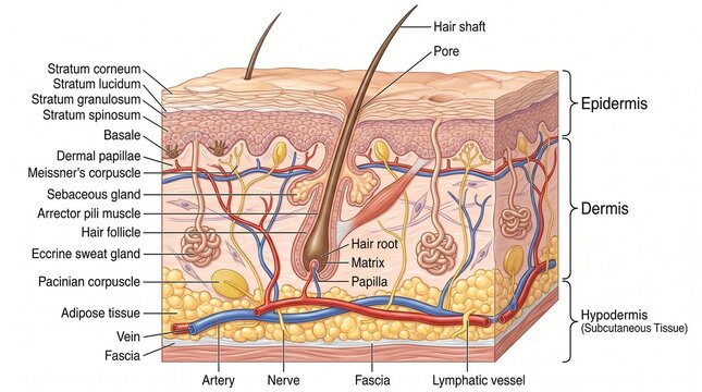 Detailed anatomical illustration of human skin layers hair follicles glands and blood vessels