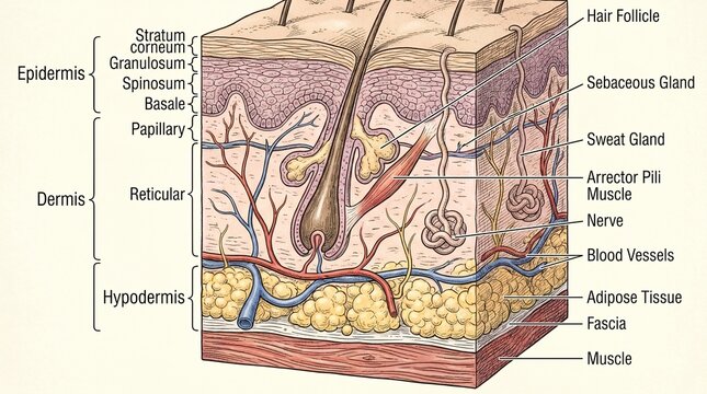 Anatomical cross section illustrating epidermis dermis and hypodermis layers with hair follicle and glands